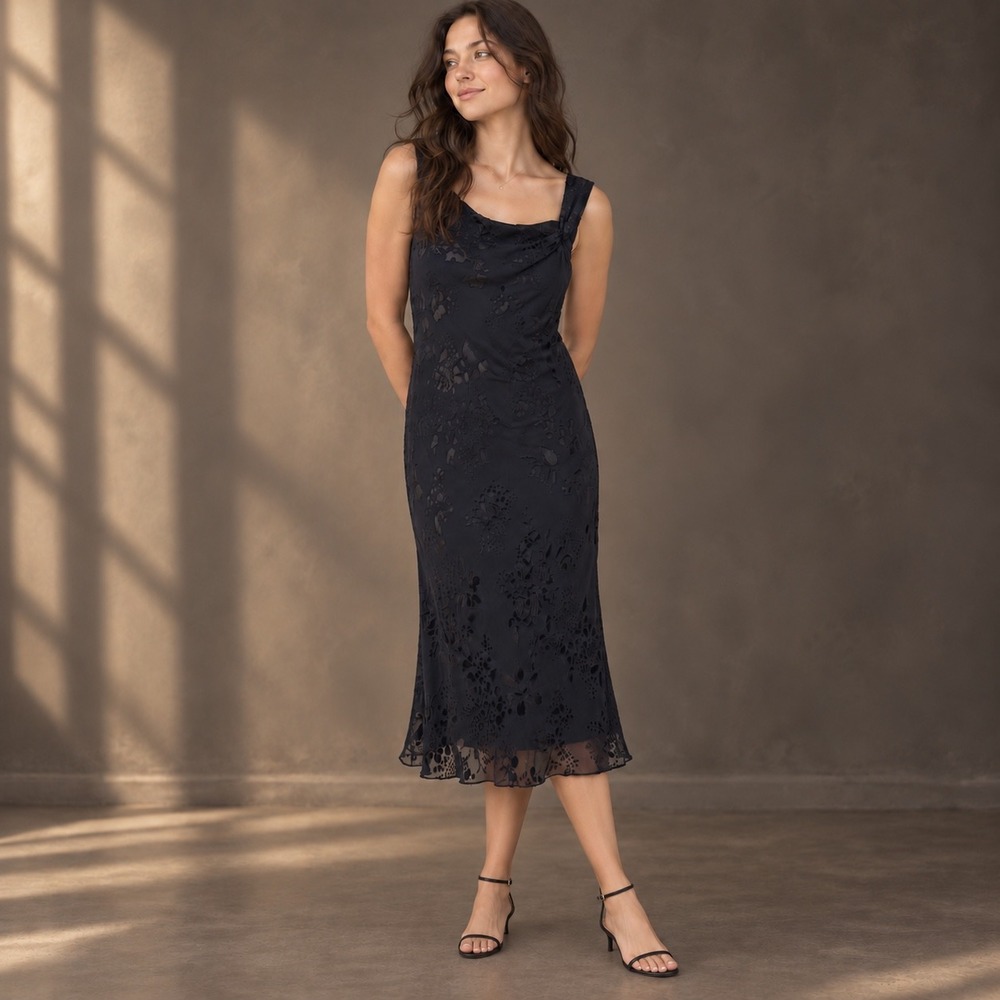 Vtg 90s Papell Boutique Navy Silk Velvet Burnout Midi Dress Floral Size 10 Y2K